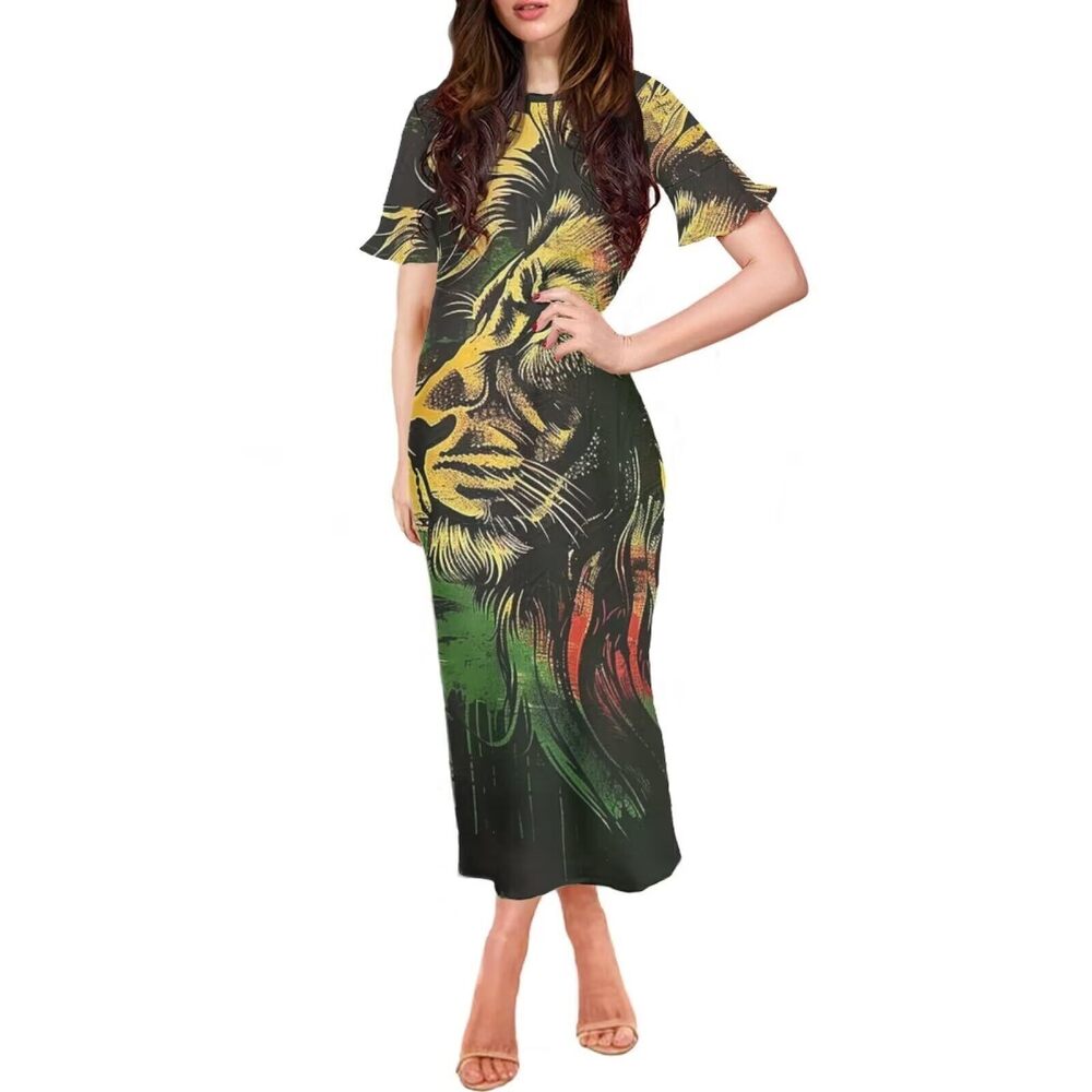 2921 Jamaican Style Print Floral Dress Reggae Festival Outfits Reggae Lion